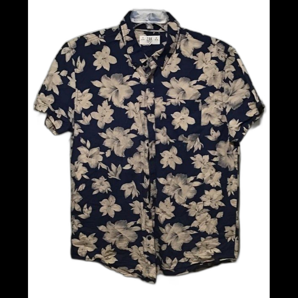 Zak Los Angeles Men's XL Navy Blue Floral Hibiscus Short Sleeve Button Up Shirt